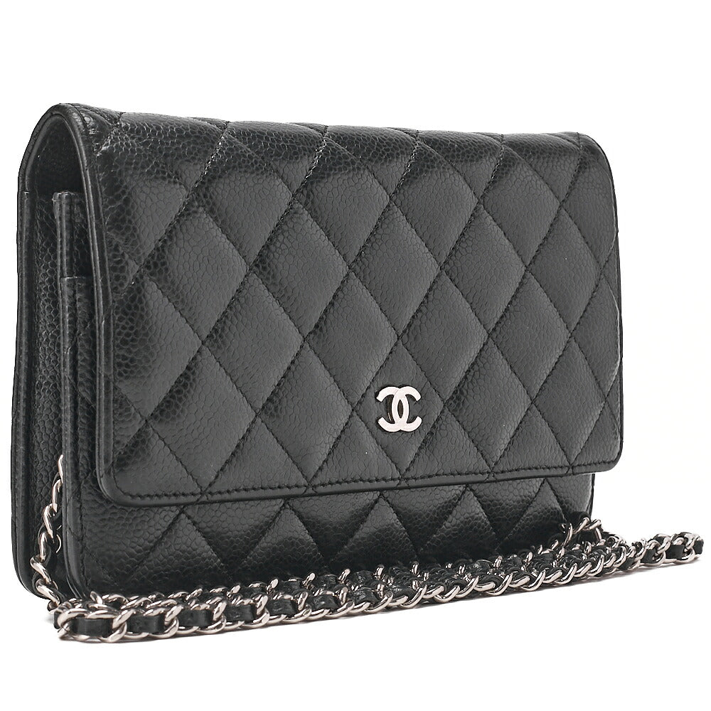 CHANEL マトラッセ チェーンウォレット キャビアスキン 黒 シルバー金具、中古品