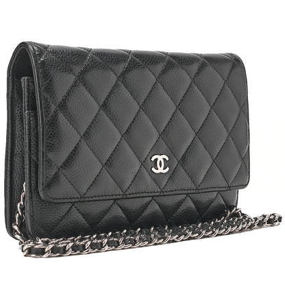 CHANEL マトラッセ チェーンウォレット キャビアスキン 黒 シルバー金具、中古品