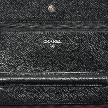 CHANEL マトラッセ チェーンウォレット キャビアスキン 黒 シルバー金具、中古品