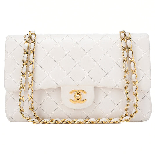 CHANEL Lambskin Matelasse 25cm Double Flap Chain Shoulder White Gold-Tone Hardware, Pre-Owned