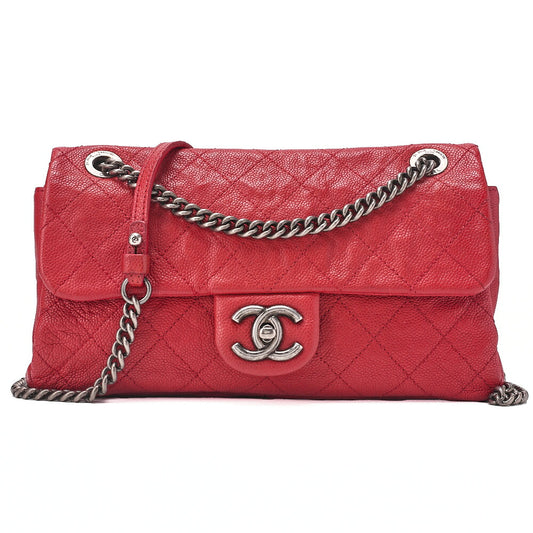 CHANEL Caviar Skin Matrasse Single Flap Chain Shoulder Red Silver-Tone Hardware, Pre-Owned