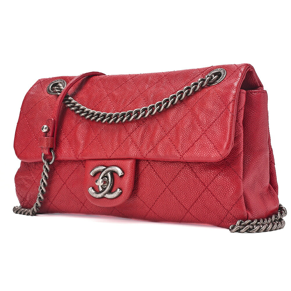 CHANEL キャビアスキン マトラッセ シングルフラップ チェーンショルダー 赤 シルバー金具 中古品