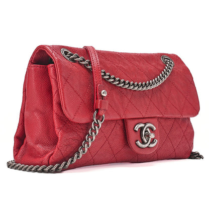 CHANEL キャビアスキン マトラッセ シングルフラップ チェーンショルダー 赤 シルバー金具 中古品