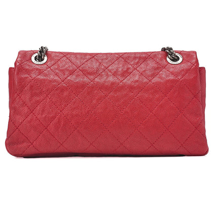 CHANEL キャビアスキン マトラッセ シングルフラップ チェーンショルダー 赤 シルバー金具 中古品