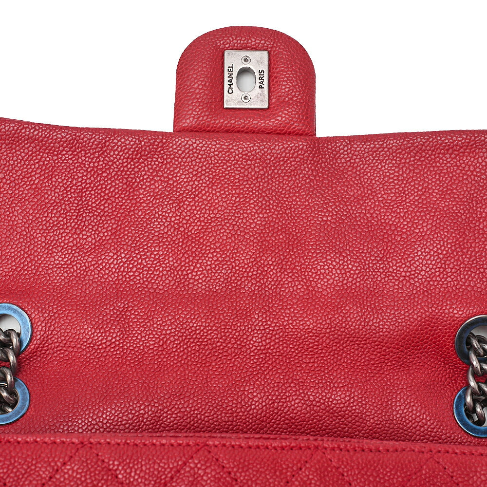 CHANEL キャビアスキン マトラッセ シングルフラップ チェーンショルダー 赤 シルバー金具 中古品