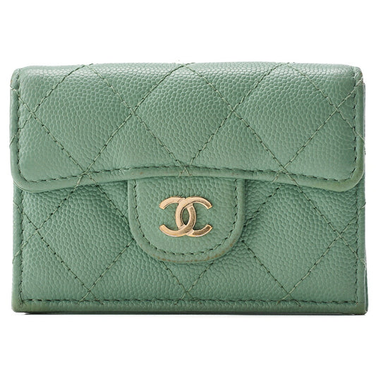 CHANEL Matelasse Tri-Fold Compact Wallet Caviar Skin Green Gold -Tone Hardware, Pre-Owned