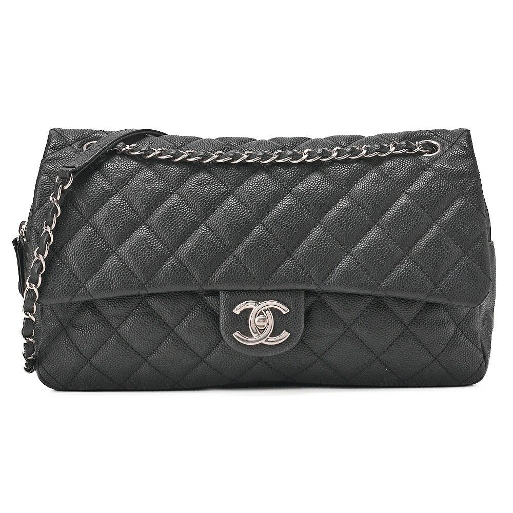 CHANEL Caviar Skin Matelasse Single Flap Chain Shoulder Black Silver-Tone Hardware, Pre-Owned