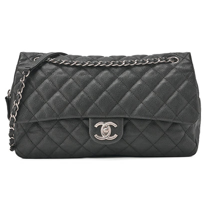 CHANEL Caviar Skin Matelasse Single Flap Chain Shoulder Black Silver-Tone Hardware, Pre-Owned