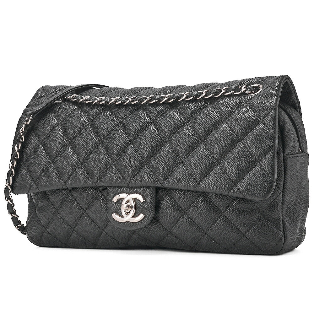 CHANEL Caviar Skin Matelasse Single Flap Chain Shoulder Black Silver-Tone Hardware, Pre-Owned