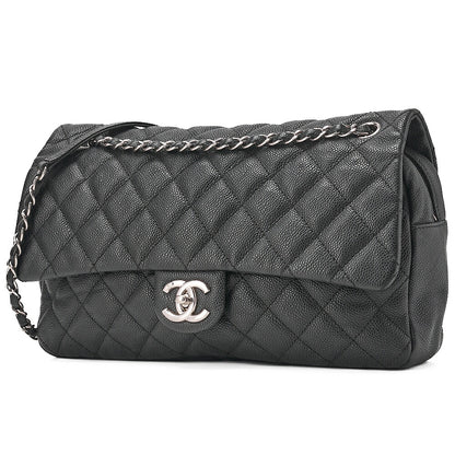 CHANEL Caviar Skin Matelasse Single Flap Chain Shoulder Black Silver-Tone Hardware, Pre-Owned