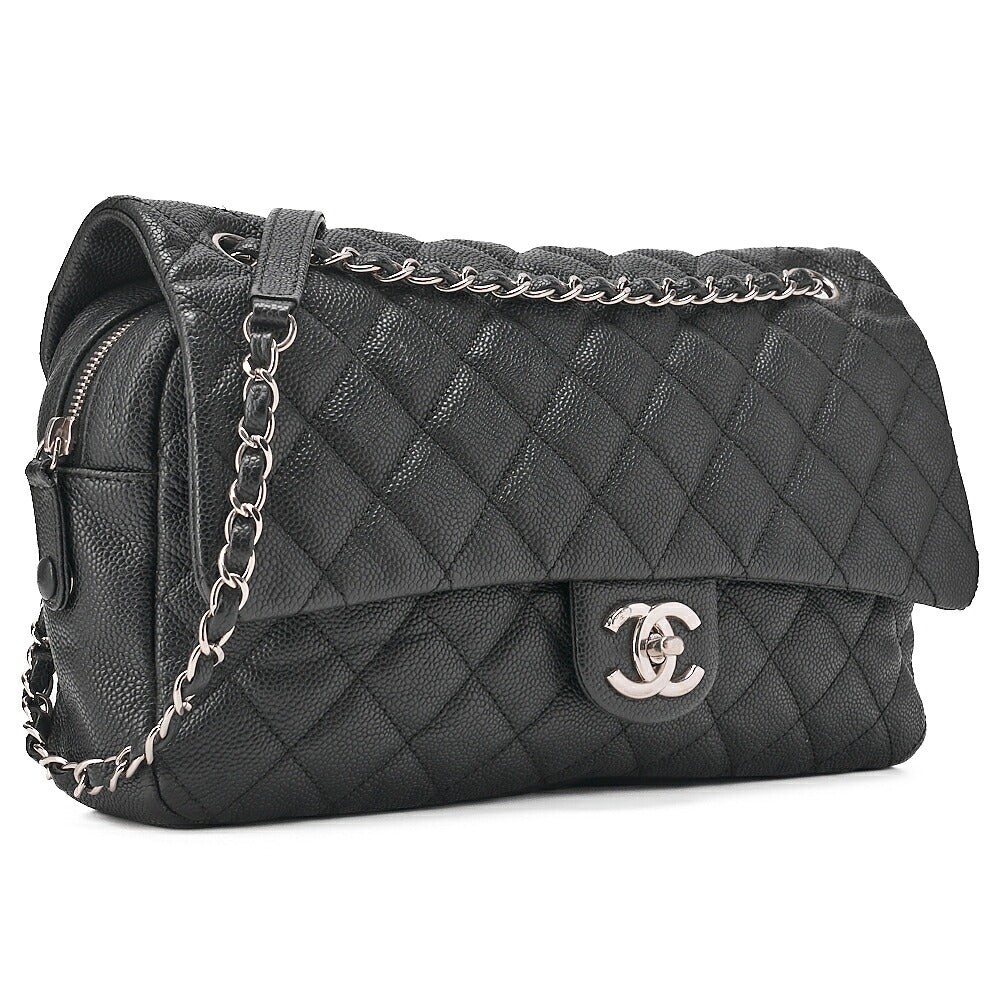 CHANEL Caviar Skin Matelasse Single Flap Chain Shoulder Black Silver-Tone Hardware, Pre-Owned