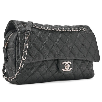 CHANEL Caviar Skin Matelasse Single Flap Chain Shoulder Black Silver-Tone Hardware, Pre-Owned