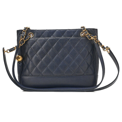 シャネル ショルダーバッグ トートバッグ キャビアスキン マトラッセ ボールチャーム ネイビー ゴールド金具 中古