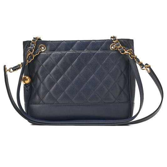 CHANEL Shoulder Bag Tote Bag Caviar Skin Matelasse Ball Charm Navy Gold-Tone Hardware, Pre-Owned