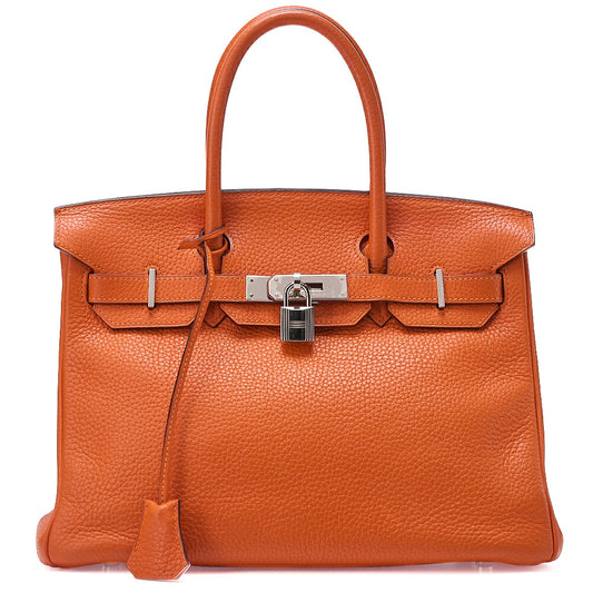 HERMES Birkin 30 Handbag Troyon Clemence Orange Silver-Tone Hardware, Pre-Owned