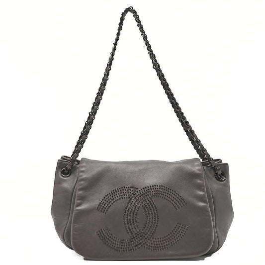 CHANEL Shoulder Bag Coco Mark Studs Full Flap Lambskin Grey Silver-Tone Hardware, Pre-Owned