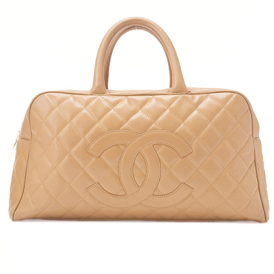 CHANEL Handbag Boston Bag Caviar Skin Matelasse Cocomark Beige Gold-Tone Hardware, Pre-Owned