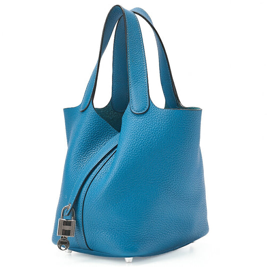 HERMES Picotan Lock PM Handbag Tryon Clemence Blue Jean Silver-Tone Hardware, Pre-Owned