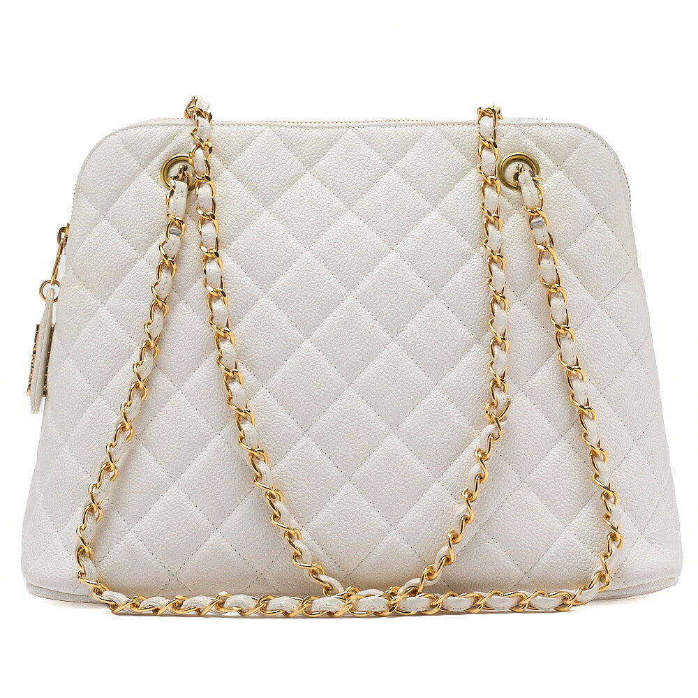CHANEL Matelasse Logo Charm Shoulder Bag Caviar Skin White Gold-Tone Hardware, Pre-Owned