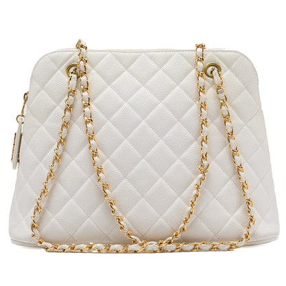 CHANEL Matelasse Logo Charm Shoulder Bag Caviar Skin White Gold-Tone Hardware, Pre-Owned