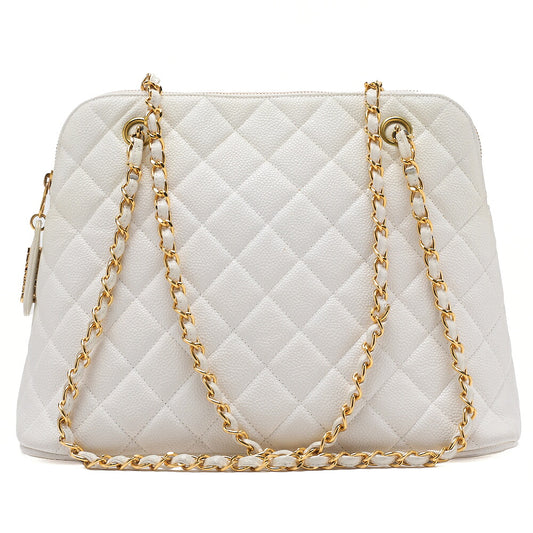 CHANEL Matelasse Logo Charm Shoulder Bag Caviar Skin White Gold-Tone Hardware, Pre-Owned