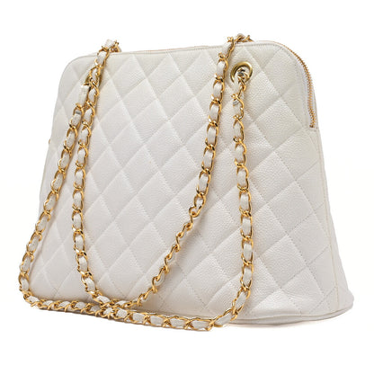 CHANEL Matelasse Logo Charm Shoulder Bag Caviar Skin White Gold-Tone Hardware, Pre-Owned