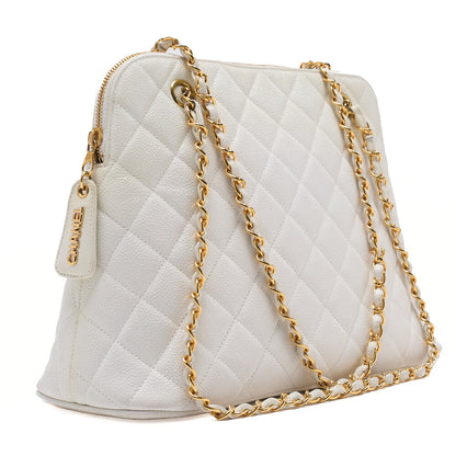 CHANEL Matelasse Logo Charm Shoulder Bag Caviar Skin White Gold-Tone Hardware, Pre-Owned