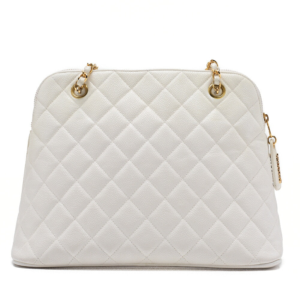 CHANEL Matelasse Logo Charm Shoulder Bag Caviar Skin White Gold-Tone Hardware, Pre-Owned