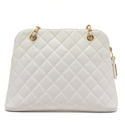 CHANEL Matelasse Logo Charm Shoulder Bag Caviar Skin White Gold-Tone Hardware, Pre-Owned