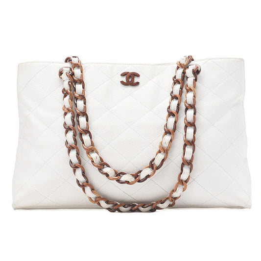 CHANEL Matelasse Wood Pattern Plastic Chain Shoulder Caviar Skin White Gold-Tone Hardware, Pre-Owned