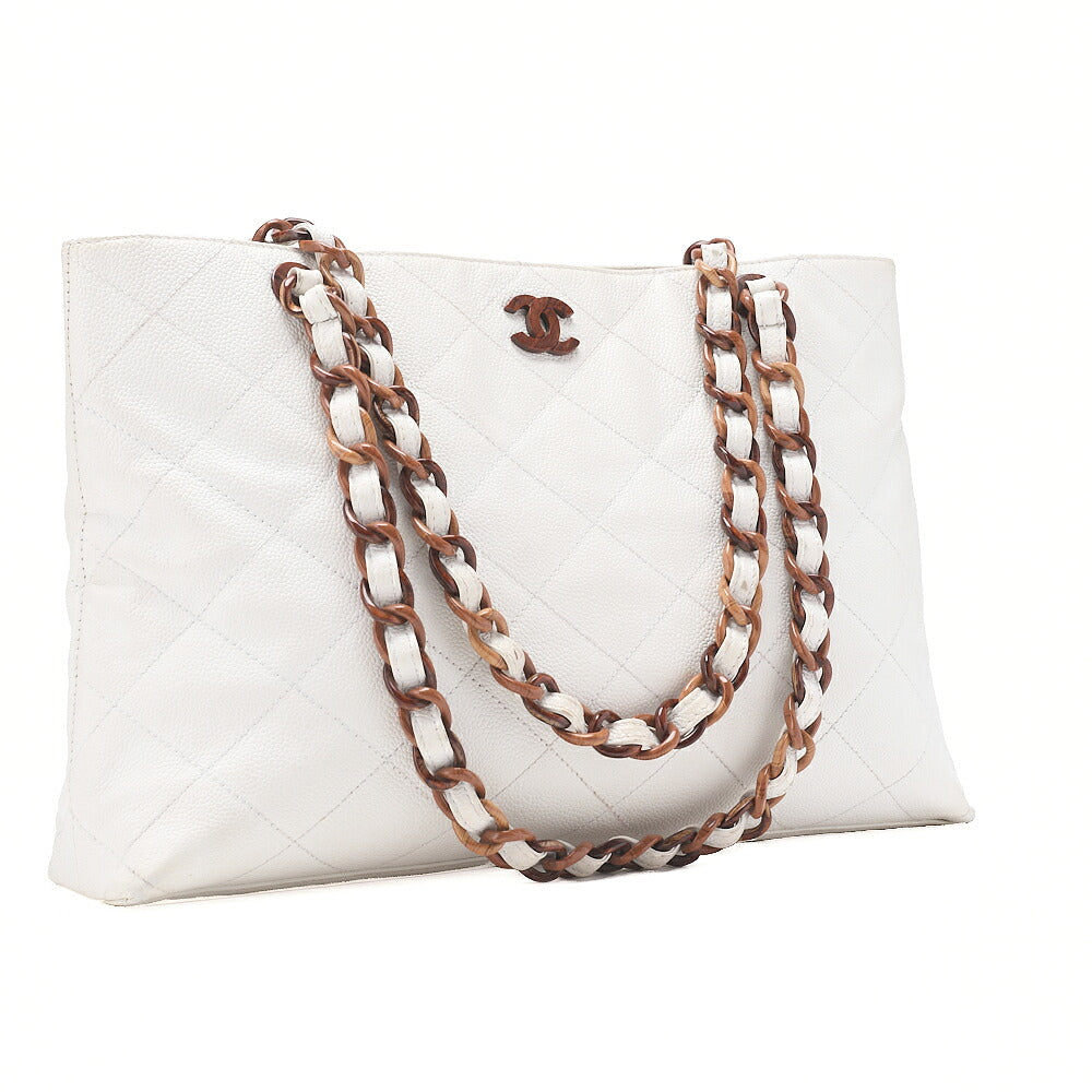 CHANEL Matelasse Wood Pattern Plastic Chain Shoulder Caviar Skin White Gold-Tone Hardware, Pre-Owned