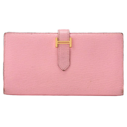HERMES ベアンスフレ 二つ折り長財布 シェーブル ローズコンフェッティ ゴールド金具 中古