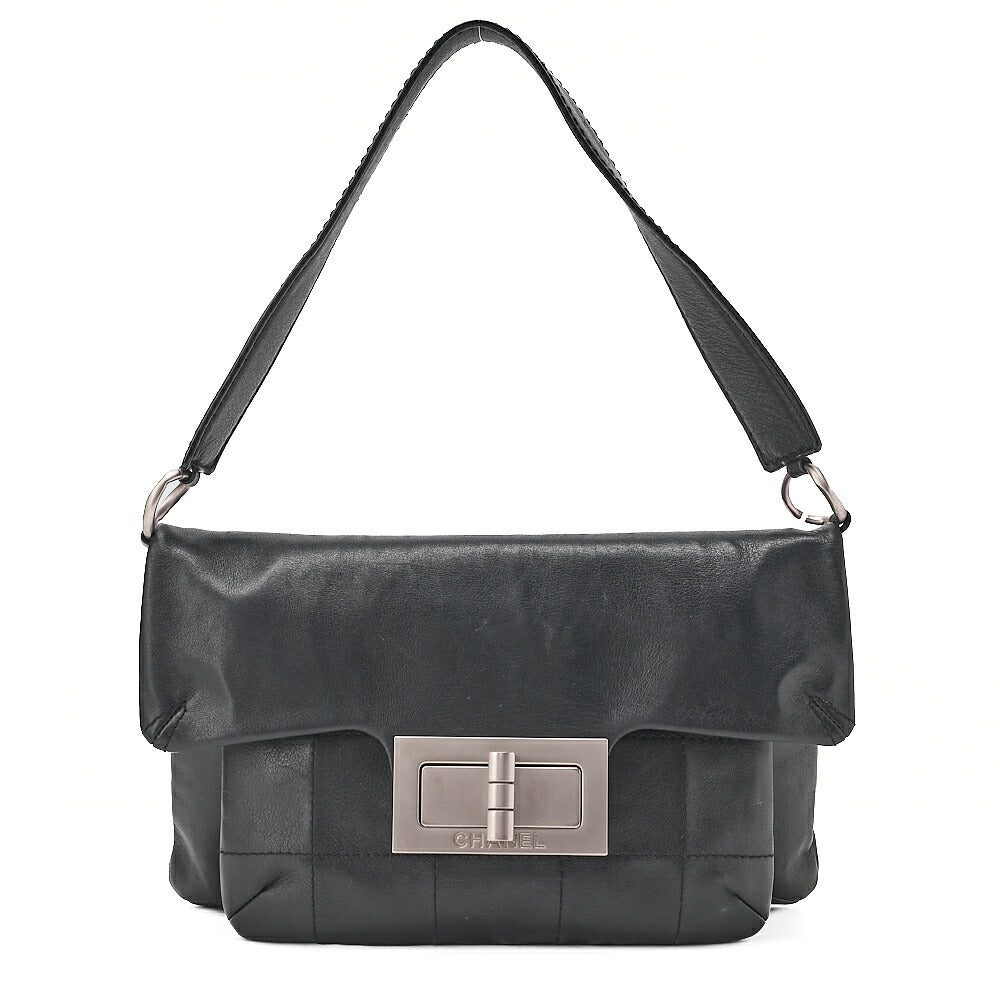 CHANEL Lambskin Chocolate Bar 2.55 Lock Round One Shoulder Black Silver-Tone Hardware, Pre-Owned