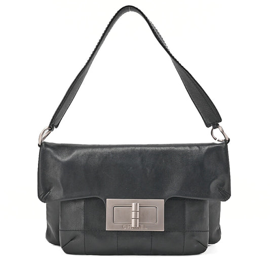 CHANEL Lambskin Chocolate Bar 2.55 Lock Round One Shoulder Black Silver-Tone Hardware, Pre-Owned