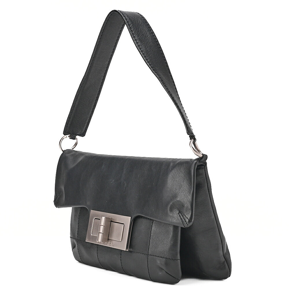 CHANEL Lambskin Chocolate Bar 2.55 Lock Round One Shoulder Black Silver-Tone Hardware, Pre-Owned