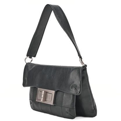 CHANEL Lambskin Chocolate Bar 2.55 Lock Round One Shoulder Black Silver-Tone Hardware, Pre-Owned