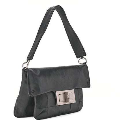 CHANEL Lambskin Chocolate Bar 2.55 Lock Round One Shoulder Black Silver-Tone Hardware, Pre-Owned