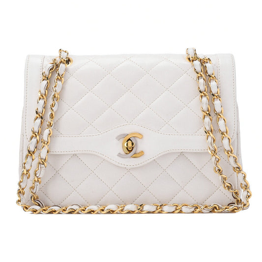 CHANEL Lambskin Matlassse 22cm Paris Limited Double Flap Shoulder Bag White Gold  x Silver-Tone Hardware, Pre-Owned