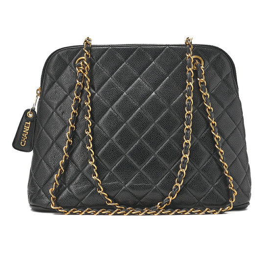 CHANEL Matelasse Logo Charm Shoulder Bag Caviar Skin Black Gold-Tone Hardware, Pre-Owned