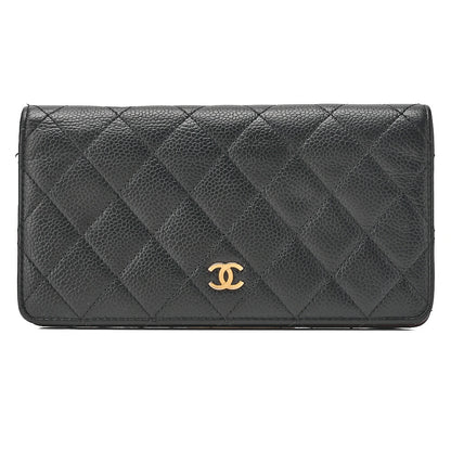 CHANEL Matelasse 2-Fold Long Wallet Caviar Skin Black Gold-Tone Hardware, Pre-Owned