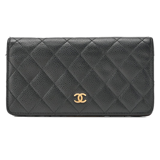 CHANEL Matelasse 2-Fold Long Wallet Caviar Skin Black Gold-Tone Hardware, Pre-Owned