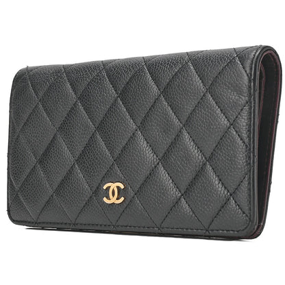 CHANEL Matelasse 2-Fold Long Wallet Caviar Skin Black Gold-Tone Hardware, Pre-Owned