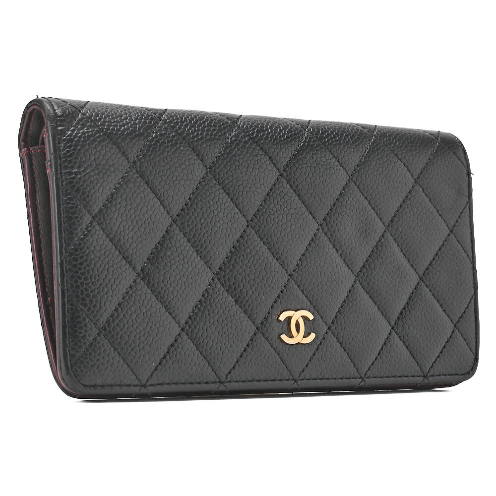 CHANEL Matelasse 2-Fold Long Wallet Caviar Skin Black Gold-Tone Hardware, Pre-Owned