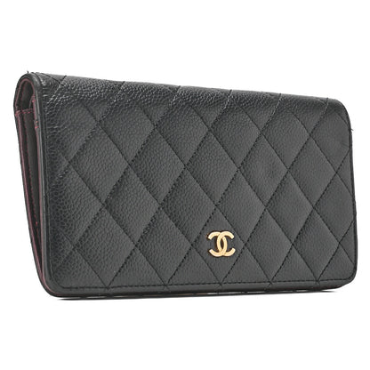 CHANEL Matelasse 2-Fold Long Wallet Caviar Skin Black Gold-Tone Hardware, Pre-Owned