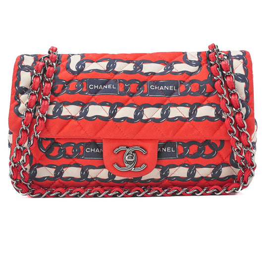 CHANEL Shoulder Bag Matelasse 25cm Belt Pattern Single Chain Shoulder Cotton x Lambskin Bicolor Silver-Tone Hardware, Pre-Owned