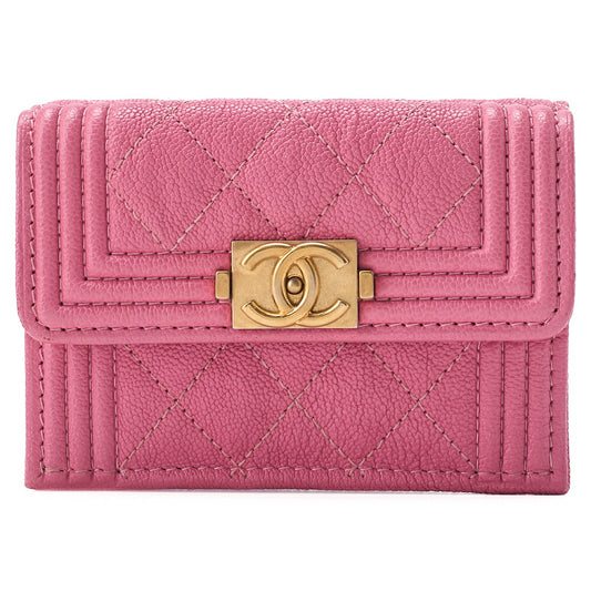CHANEL Boy Chanel Matrasse Tri-Fold Compact Wallet Caviar Skin Pink Gold-Tone Hardware, Pre-Owned
