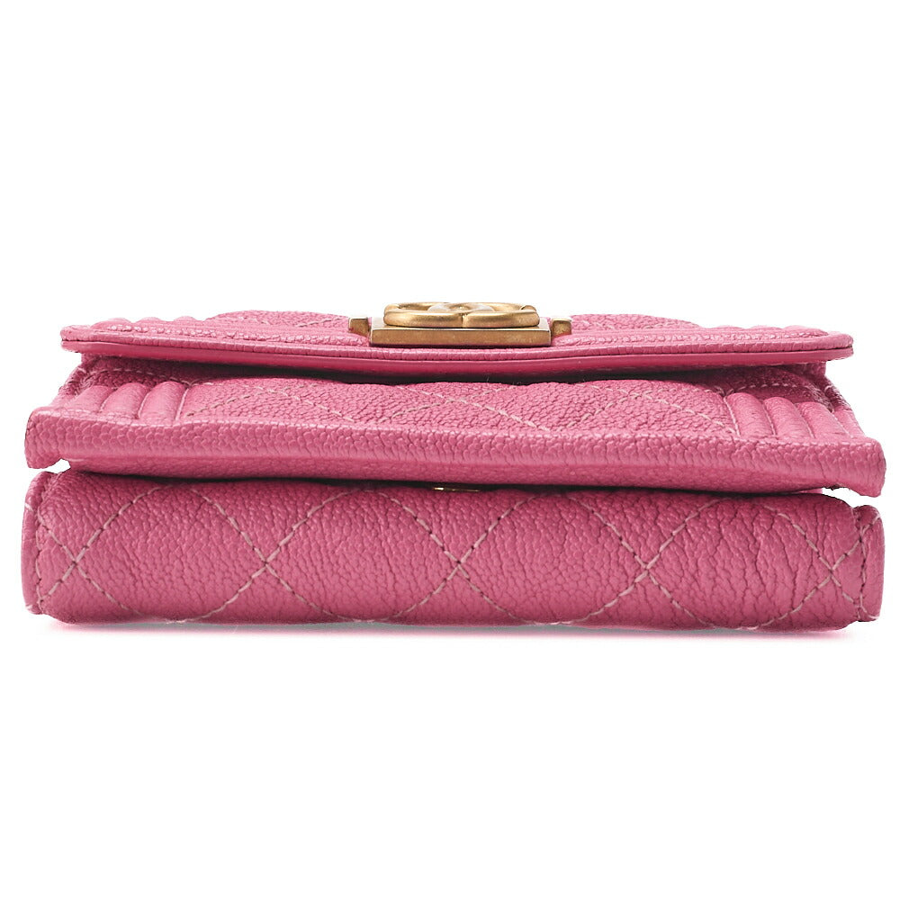 シャネル ボーイシャネル マトラッセ 三つ折り コンパクト財布 キャビアスキン ピンク ゴールド金具 中古