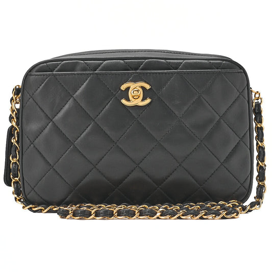 CHANEL Shoulder Bag Matelasse Plate Charm Camera Bag Chain Shoulder Lambskin Black Gold-Tone Hardware, Pre-Owned
