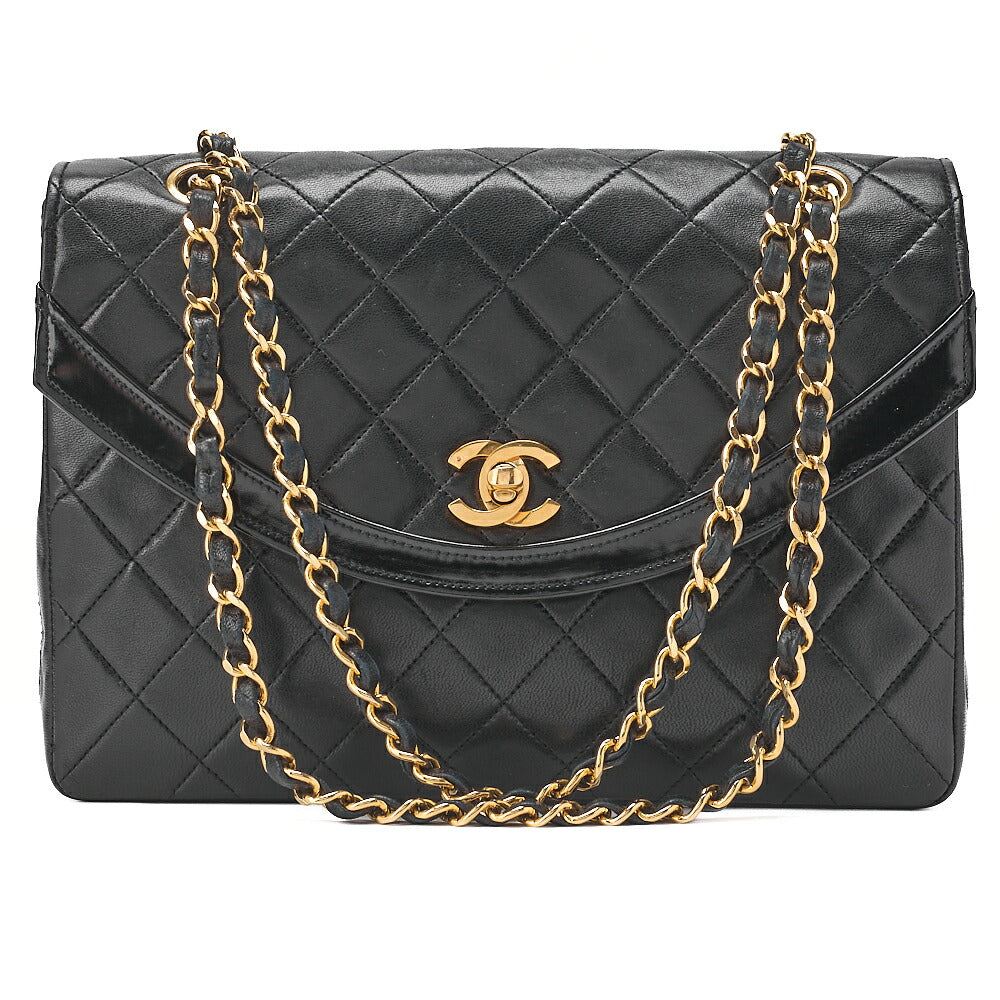 CHANEL Chain Shoulder Bag Matrasse Round Flap Lambskin x Enamel Black Gold-Tone Hardware, Pre-Owned