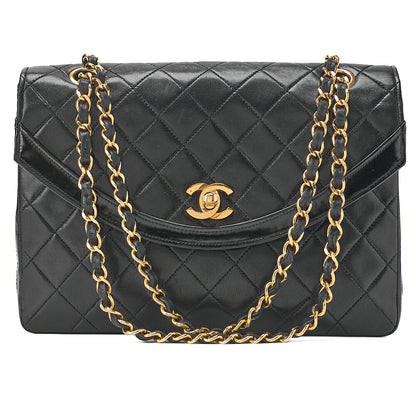 CHANEL Chain Shoulder Bag Matrasse Round Flap Lambskin x Enamel Black Gold-Tone Hardware, Pre-Owned